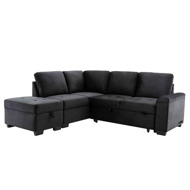 Sleeper Sectional Sofa, L-Shape Corner Couch Sofa-Bed with Storage Ottoman & Hidden Arm Storage & USB Charge for Living Room Ap