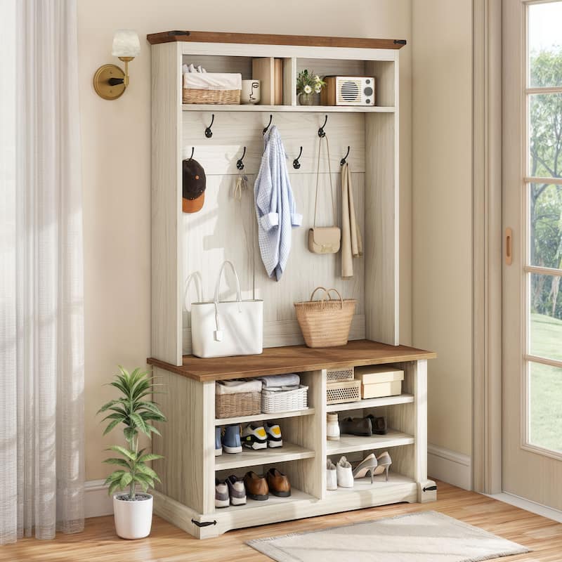 Moasis Farmhouse Hall Tree with Bench and Shoe Storage with 10 Hooks for Entryway - 39 Inch - Off-White