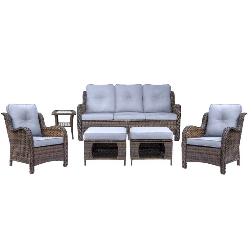 Brown Wicker Outdoor Patio Furniture Sofa Set with Denim Blue Cushions