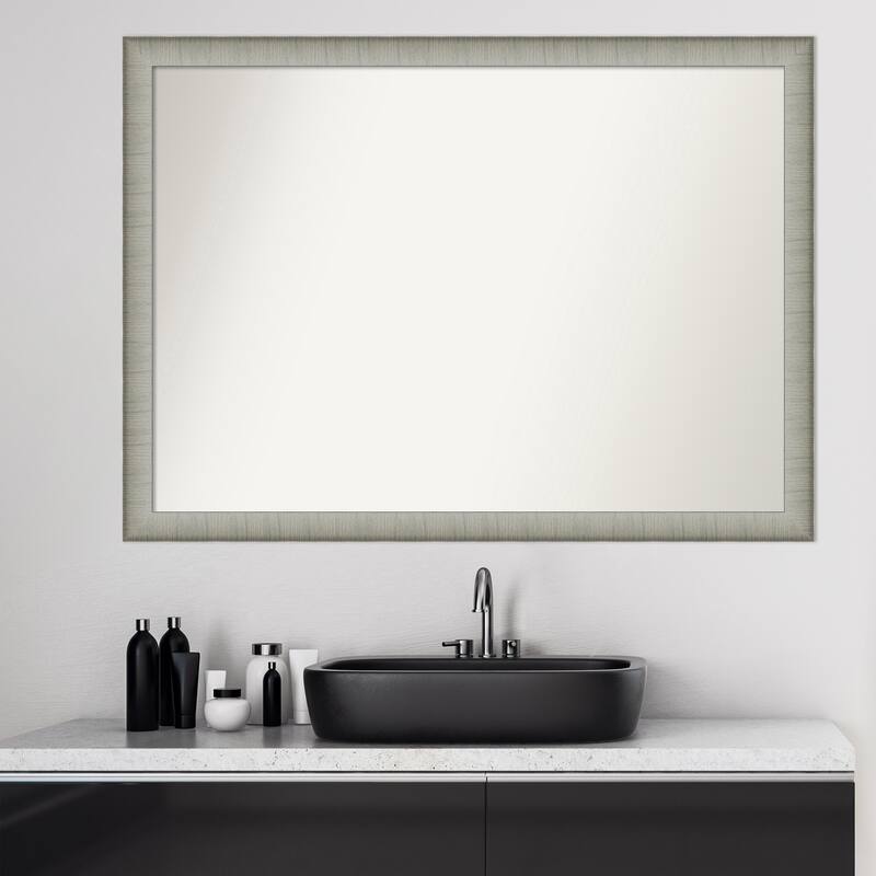Non-Beveled Bathroom Wall Mirror - Elegant Brushed Pewter Narrow Frame