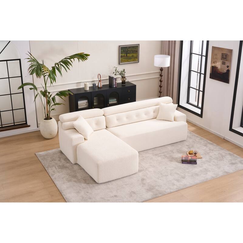Combining Chaise Longue With 3-Seater, Wood Grain Chenille Fabric, Full Sponge Compression Sofa,Combined Sofa With 2 Pillows