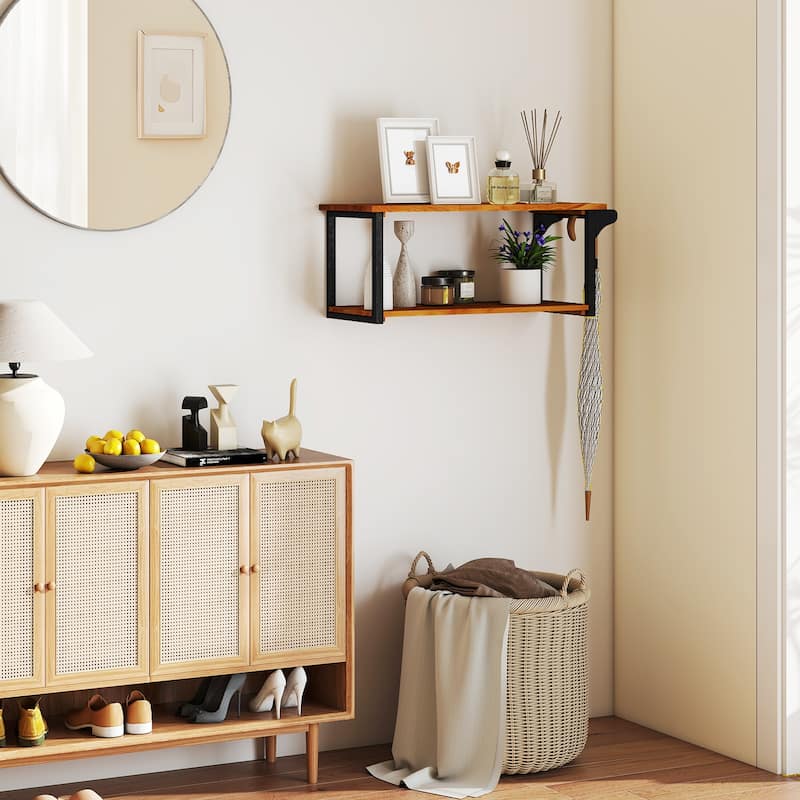 Teak Wood Wall-Mounted Shelf with Towel Bar 2-Tier Floating Rack for Bathroom or Kitchen - 40.5" x 15.5" x 16"