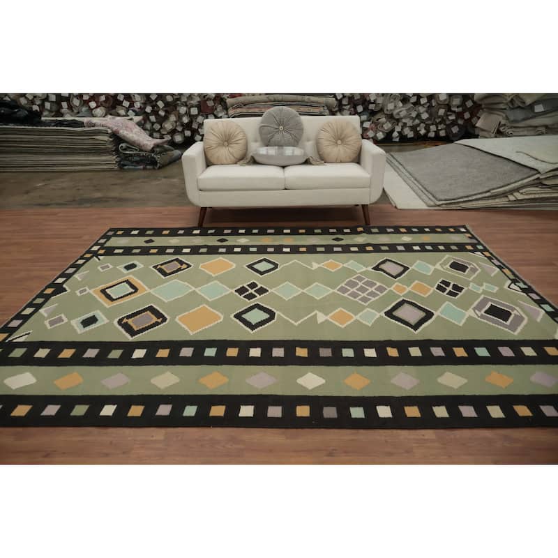 Hand Woven Oriental 100% Wool Carpet Southwestern Tribal Green Kilim Area Rug - 9' 11'' X 7' 11''