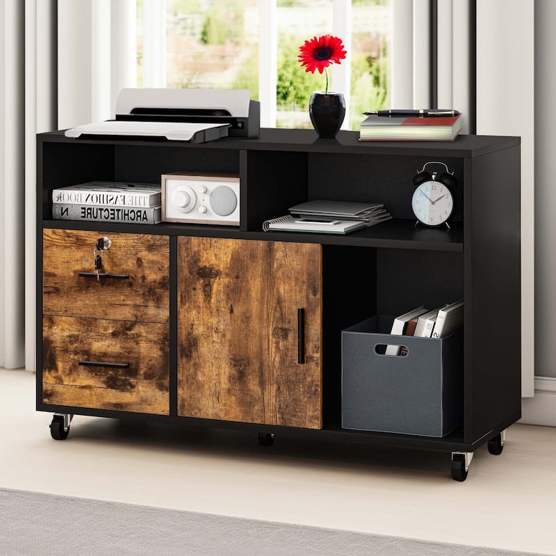 Moasis 2 Drawer Lateral Wood Filing Cabinet with Lock and Open Shelves for Home Office - Black/Brown