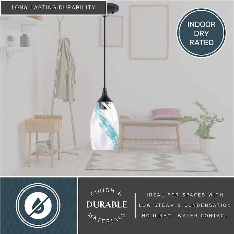 Milano Bronze Mini Pendant Ceiling Light Blue Glass - 4.75-in W x 9.75-in H x 4.75-in D