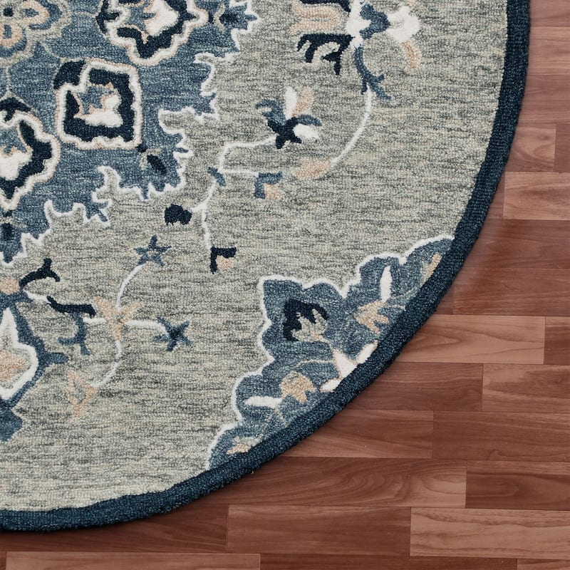 Sevita Rugify Farmhouse Medallion Gray/Blue Hand-Tufted Wool Round Indoor Area Rug