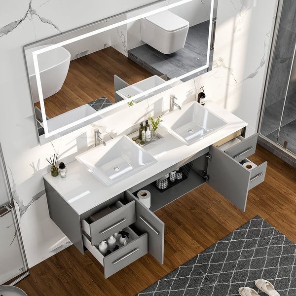 Totti Wave 60 in. W x 16 in. D x 22 in. H Double Bathroom Vanity in Gray with White Glassos Top with White Sink