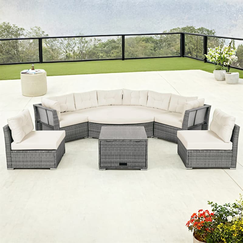 Outdoor Furniture Daybed Rattan Sectional Furniture Set Patio Seating Group With Cushions and Center Table.