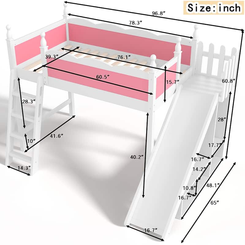 Twin Loft Bed with Storage Shelves and Wardrobe, Solid Wood Loft Beds with Detachable Slide and Ladders, No Spring Box Needed