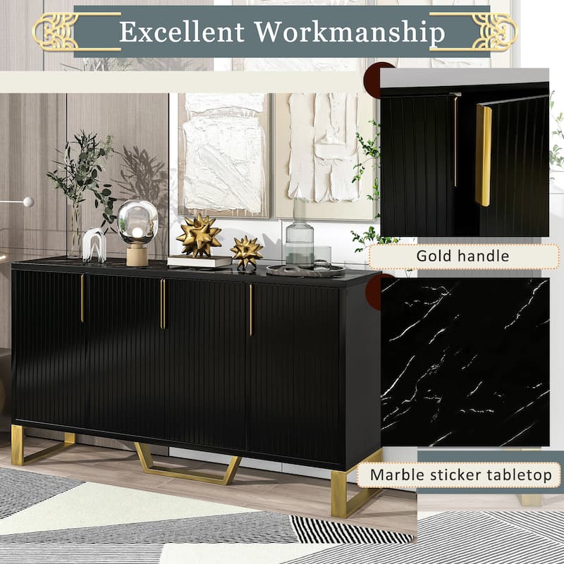60" Modern Sideboard Buffet Cabinet with 4 Doors, Adjustable Shelves, Marble-Look Top and Gold Metal Legs