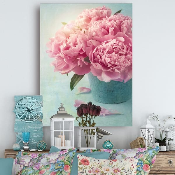Pink Peony Flowers in Vase - Large Floral Wall Art Canvas - Blue - On ...