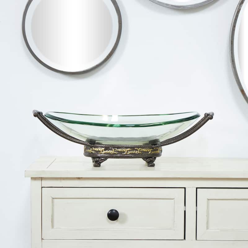 Tempered Glass Kitchen Serving Bowl with Brown Metal Base - Clear - Roche River Decor - 11"Wx17"Lx5"H