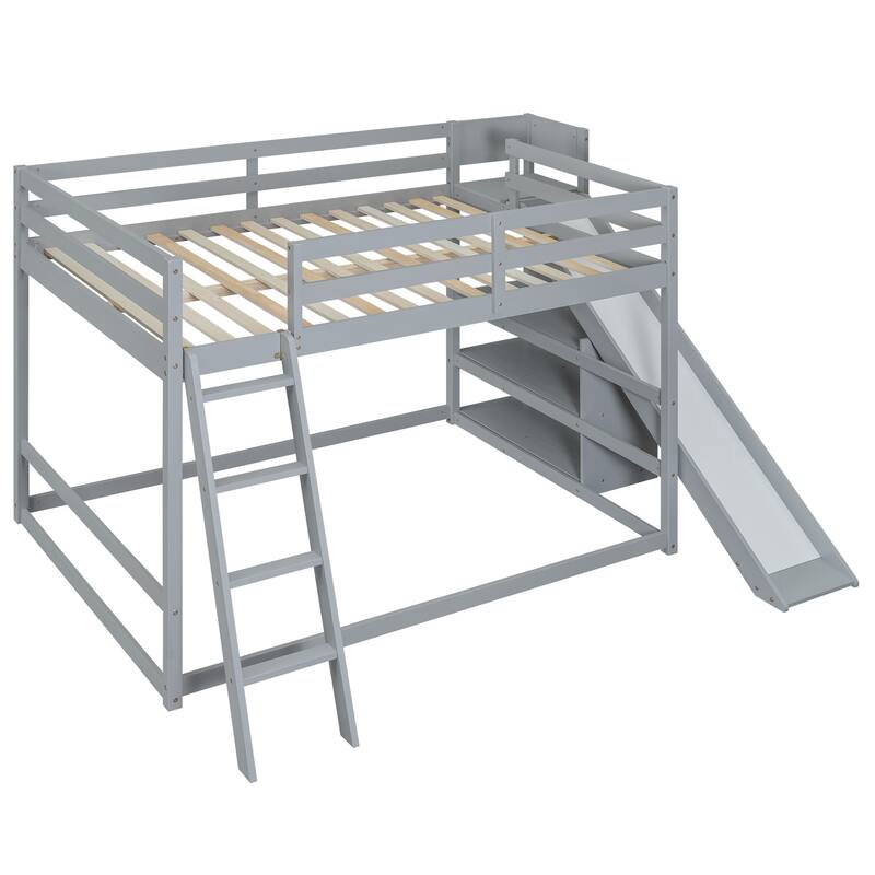 Full Over Full Bunk Bed with Ladder, Slide, and Shelves in Gray