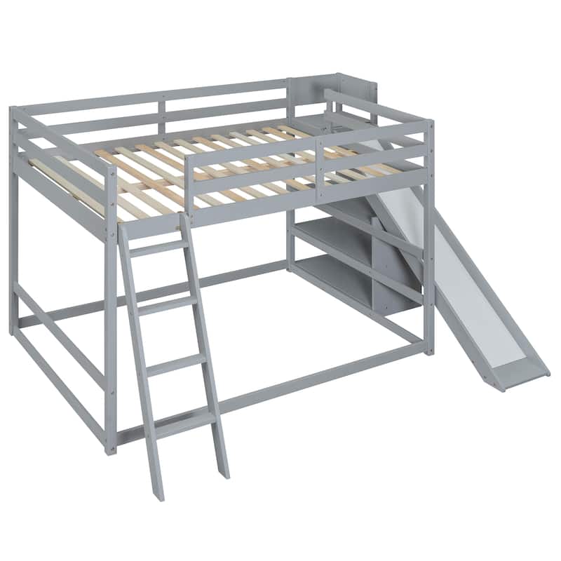Full Size Bunk Bed with Built-in Ladder, Slide, and Storage Shelves, White