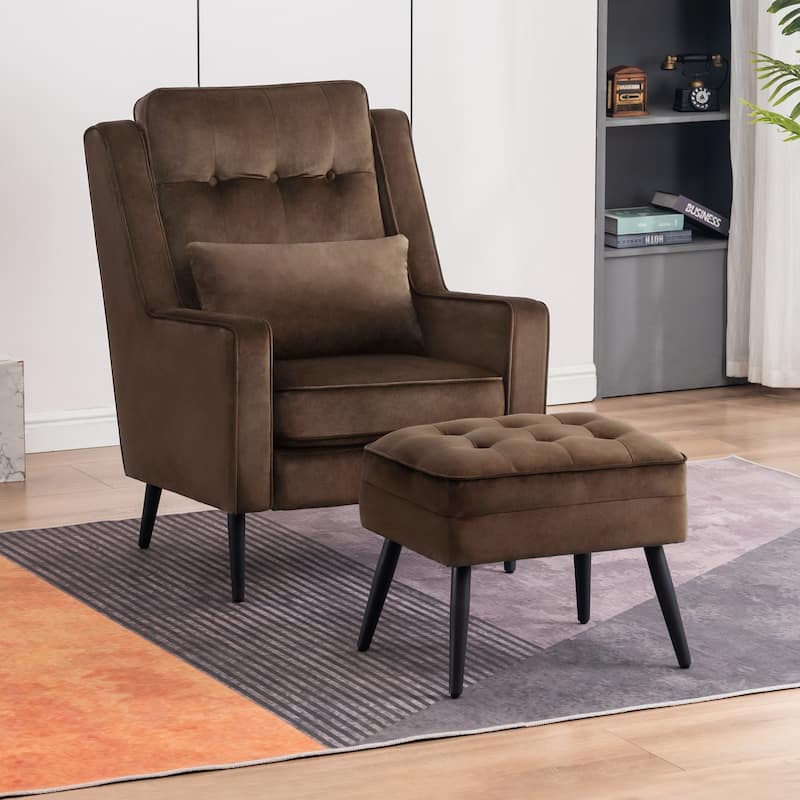 MCombo Modern Accent Club Chair with Ottoman, Velvet Upholstered Armchair with Lumbar Pillow 4278 - Dark Brown