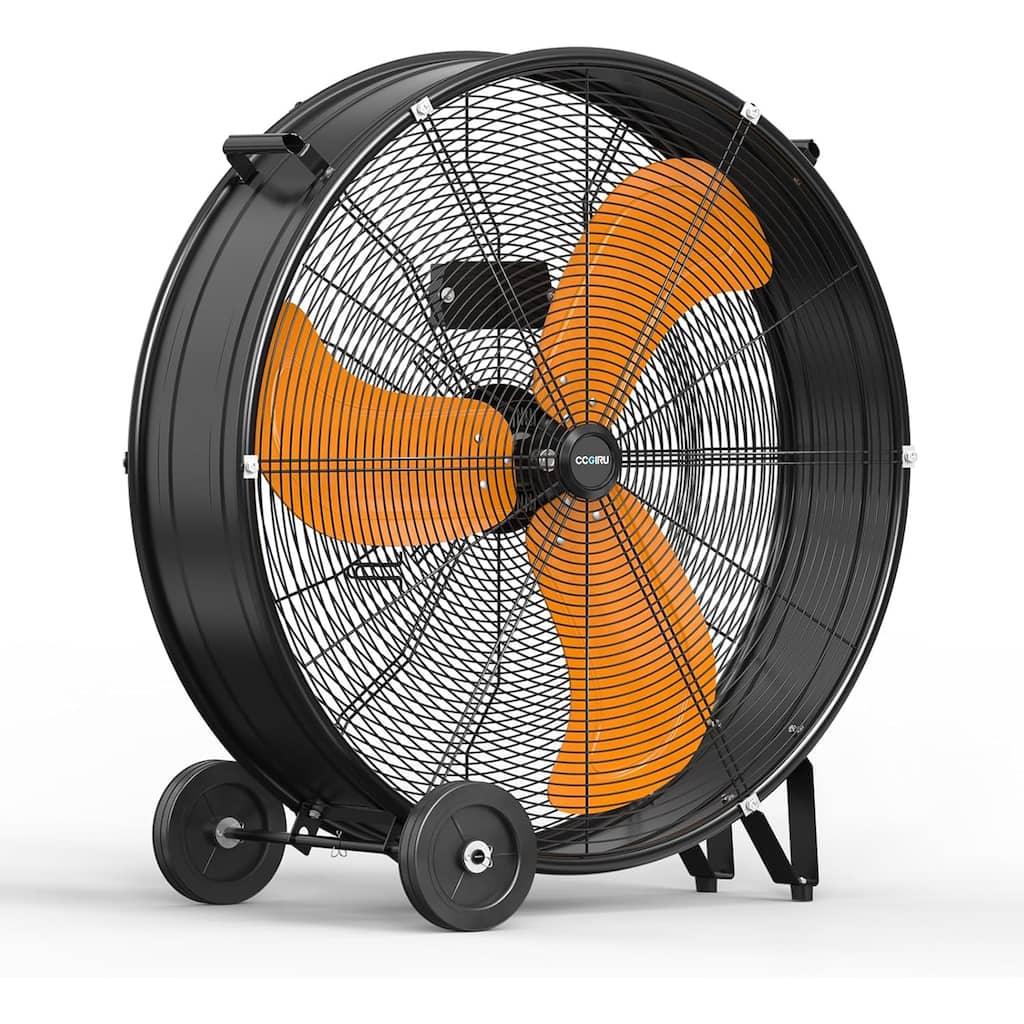 30" Industrial 3-Speed 235W Adjustable High Velocity Portable Drum Fan with Wheel and Orange Blades