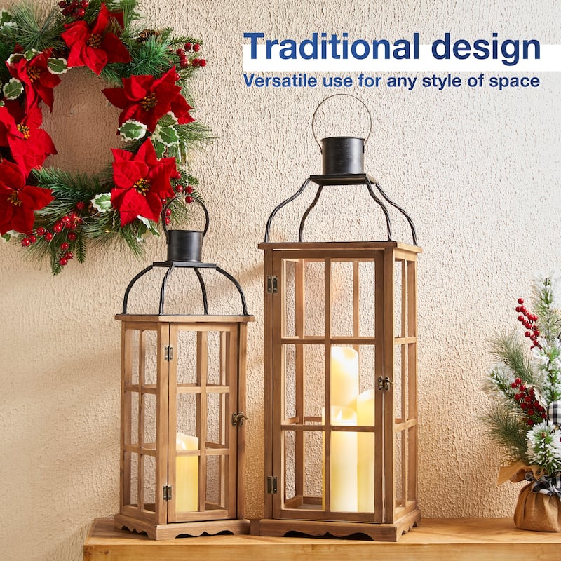 Glitzhome Farmhouse Wooden Metal Cage Candle Holders Patio Hanging Vintage Lanterns (Set of 2)