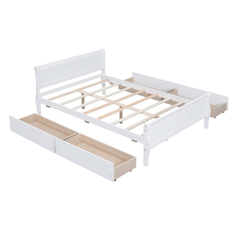 White Platform Storage Bed Frame w/4 Drawers Streamlined Headboard