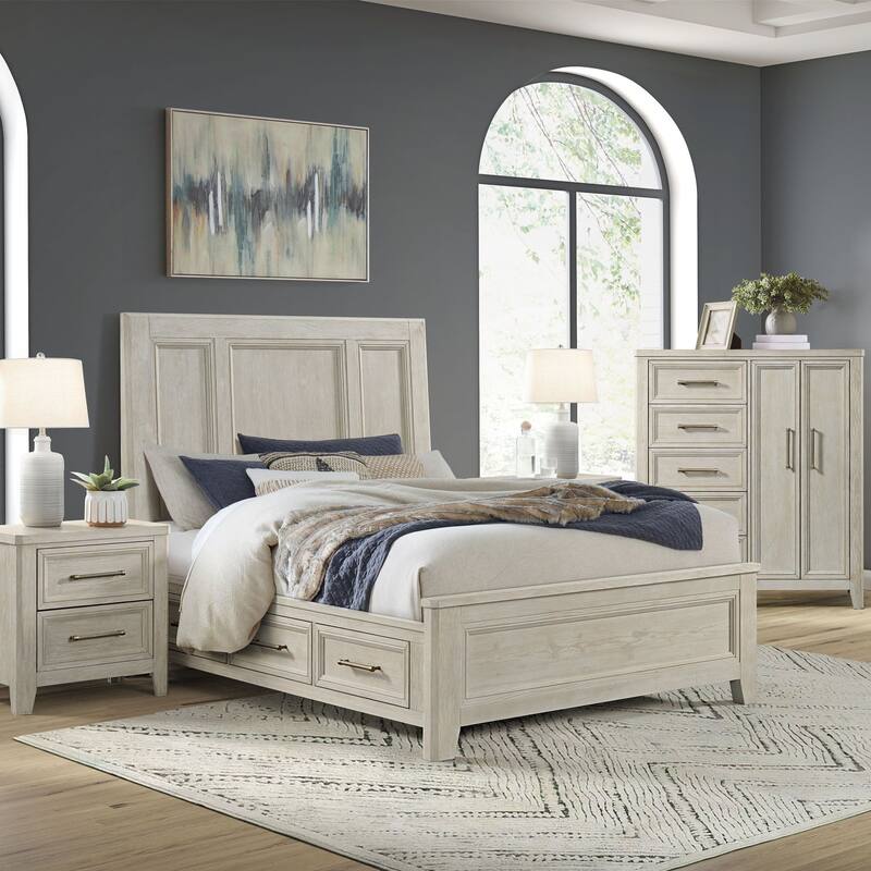 Carlson Solid Wood Panel Bed with Storage, Washed Linen, Queen