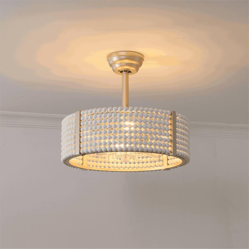 20" Boho Retractable Ceiling Fan ,White Wood Beaded with Remote - 4-Light - 4-Light - Gold