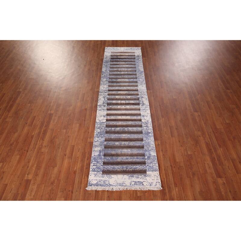 Striped Abstract Oriental Runner Rug Handmade Wool Carpet - 2'7"x 9'10"