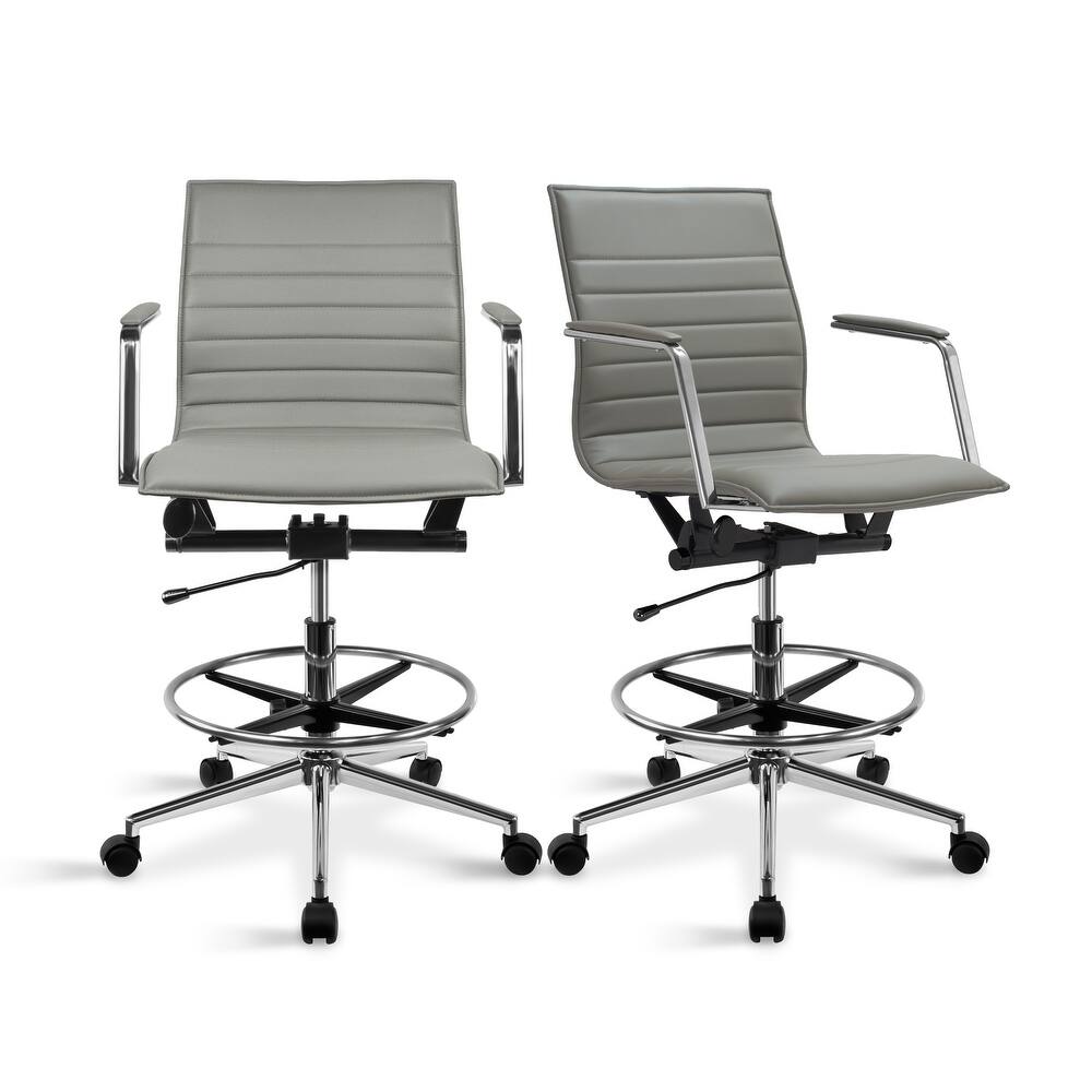 Set of 2 Modern Drafting Chair Upholstered PU Leather Ribbed Mid Back with Tall Adjustable Rest Computer Armchair