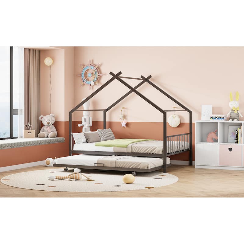 Full Size Metal House Bed with Twin Size Trundle