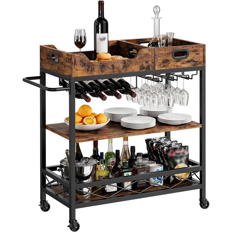 3 Tier Home Bar Serving Cart with Wine Rack and Glass Holders