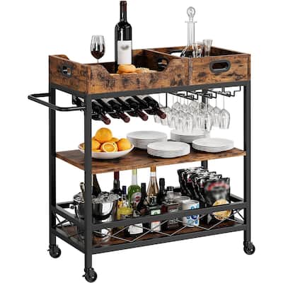 3 Tier Home Bar Serving Cart with Wine Rack and Glass Holders