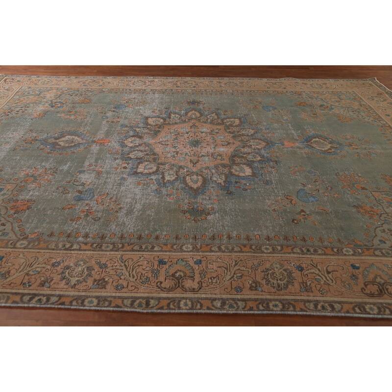 Green Tabriz Persian Vintage Area Rug Hand-Knotted Wool Carpet - 9'6"x 12'7"