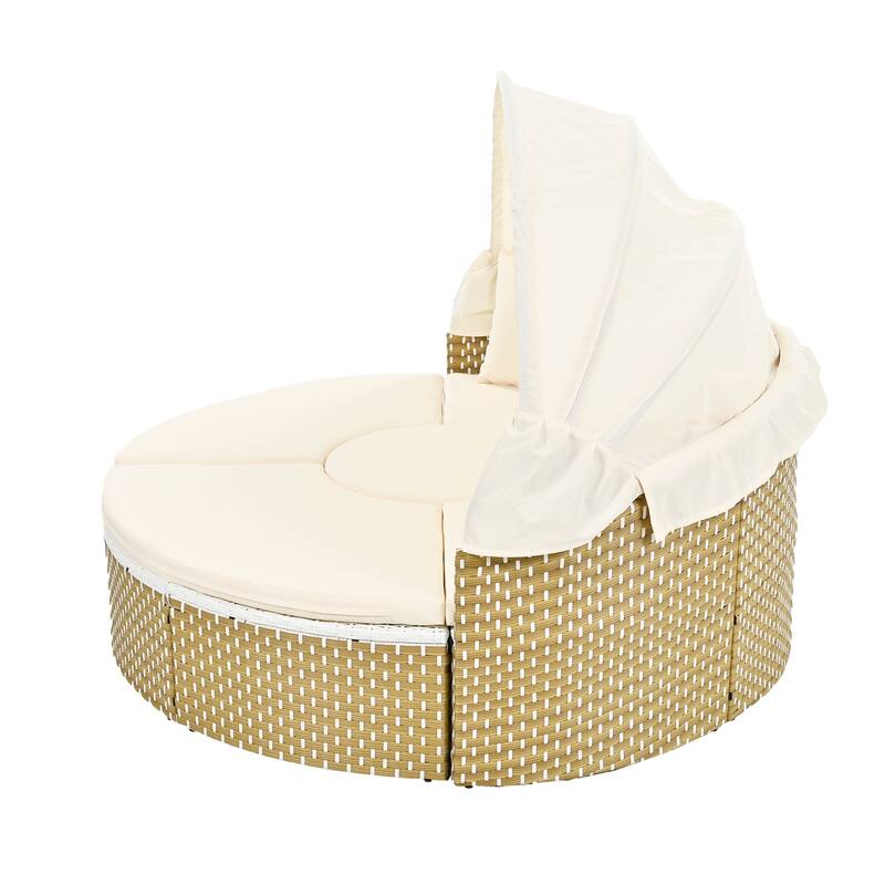 Outdoor Patio Furniture Set, Round Outdoor Sectional Sofa Set, Rattan Daybed with Retractable Canopy and Removable Cushion