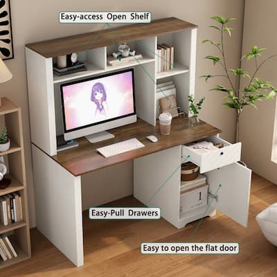 Wood Executive Desk with Hutch & Bookshelf, Study Laptop Table for Home