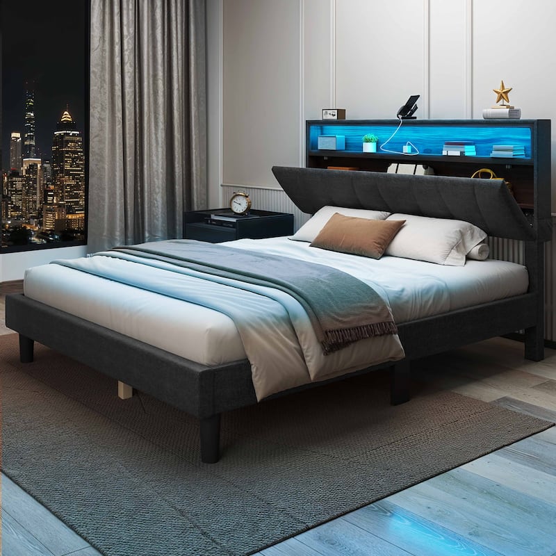 LED Bed Frame with Storage Headboard and Charging Station
