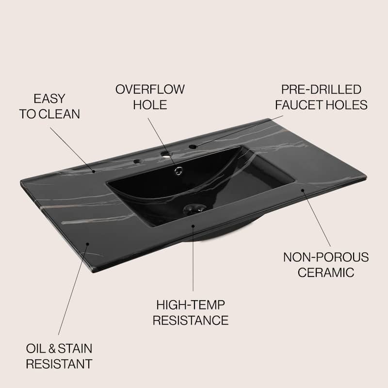 Aubert 3-Hole Classic Contemporary Rectangular Ceramic Single Sink Basin Vanity Top, by JONATHAN Y