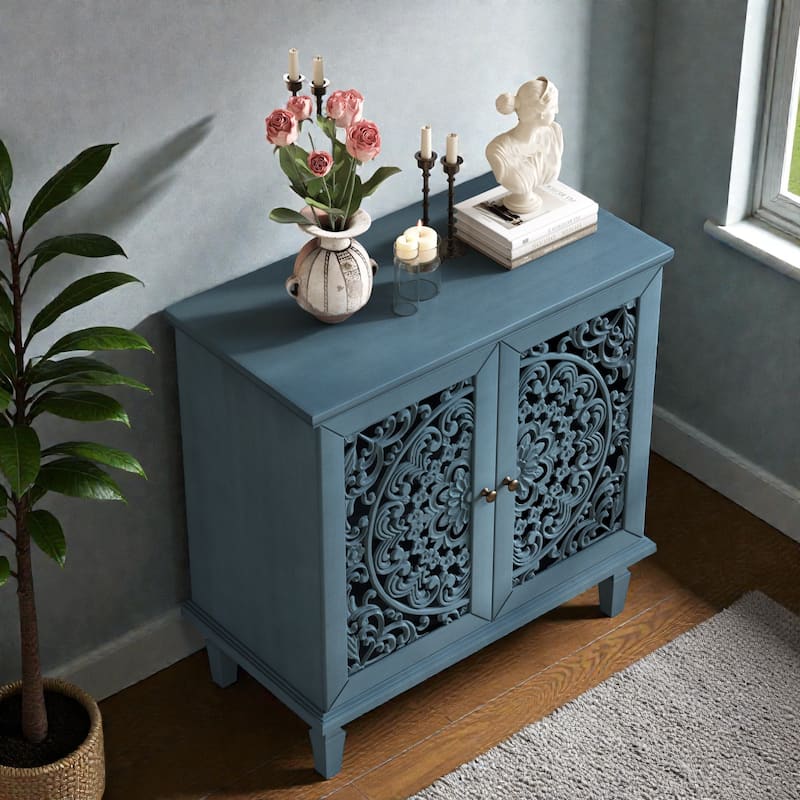 Vintage Hollow-Carved 2-Door Accent Cabinet with Floral Design, Adjustable Shelf and Solid Wood Legs, 31.5'' Sideboard