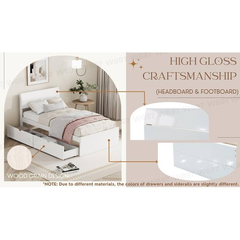 Modern Twin Size Platform Bed Frame with 2 Drawers & Headboard Footboard, Light Oak