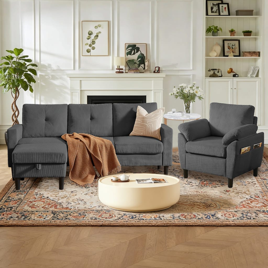 3 Pieces Corduroy Living Room Set with Sofa ,Storage Ottoman and Chair