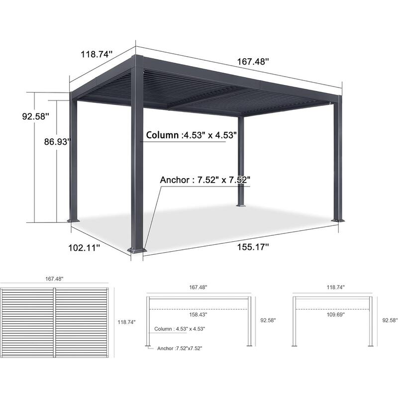 PURPLE LEAF Sun Shade Louvered Pergola with Light - Adjustable Metal Roof for Outdoor Patio