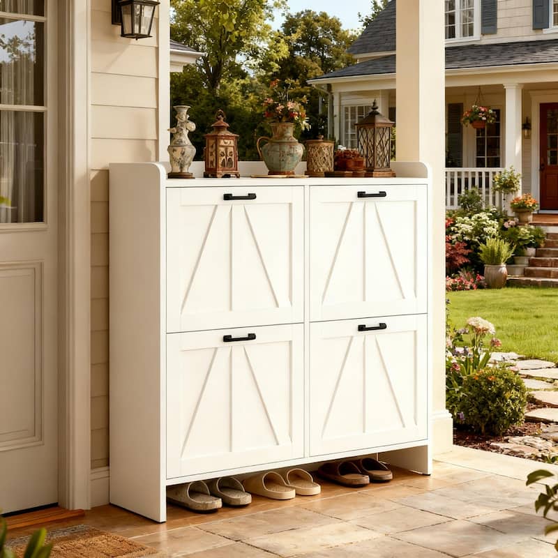 Modern Fence Shoe Cabinet with 4 Flip Drawers, Sleek Space-Saving Entryway Organizer for Living Room