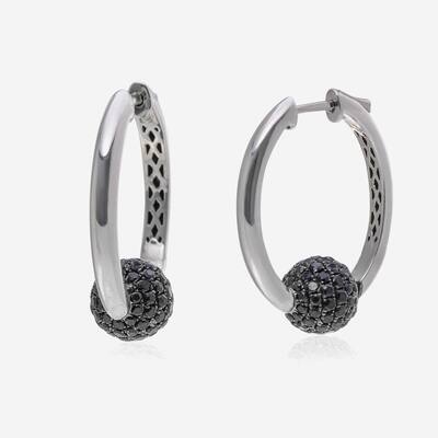 Charles Krypell Sterling Silver, Black Sapphire Huggie Earrings - Silver - 1 1/8"