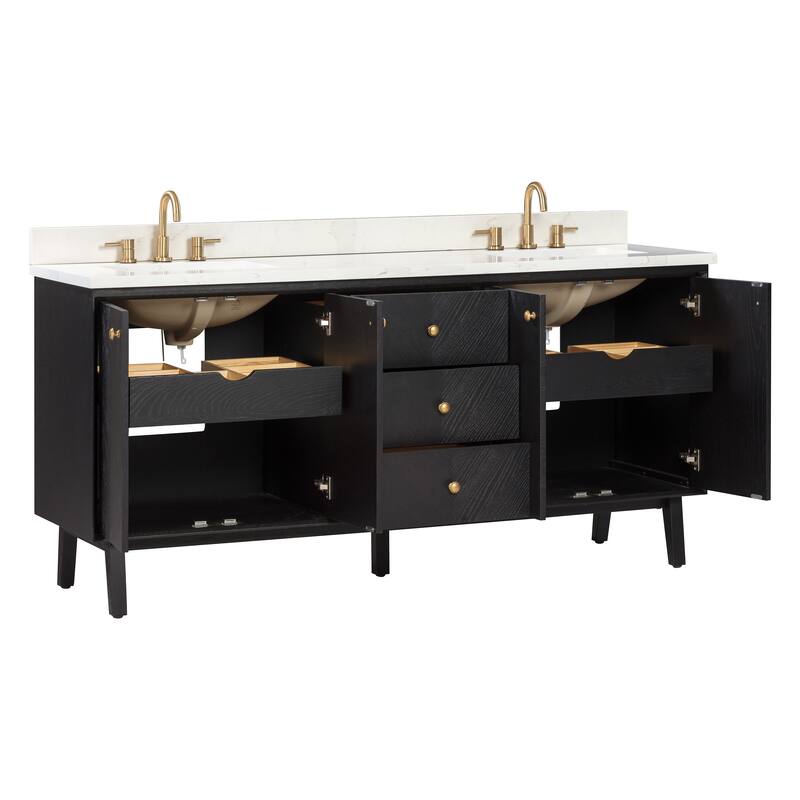 Avanity Adele 73 in. Vanity Combo in Black Oak finish with Calacatta Quartz Top