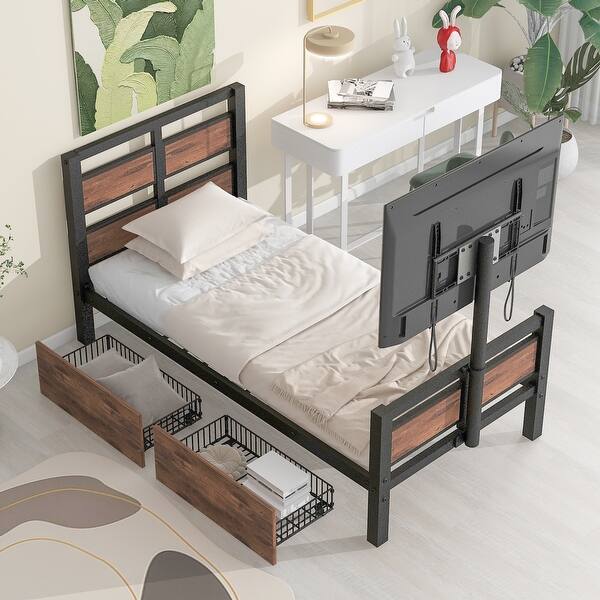 slide 2 of 13, Twin Platform Bed w/ Headboard and Footboard, Platform Bed Frame w/ 2 Storage Drawers and Rotatable TV Stand for Bedroom, Black Black - Twin