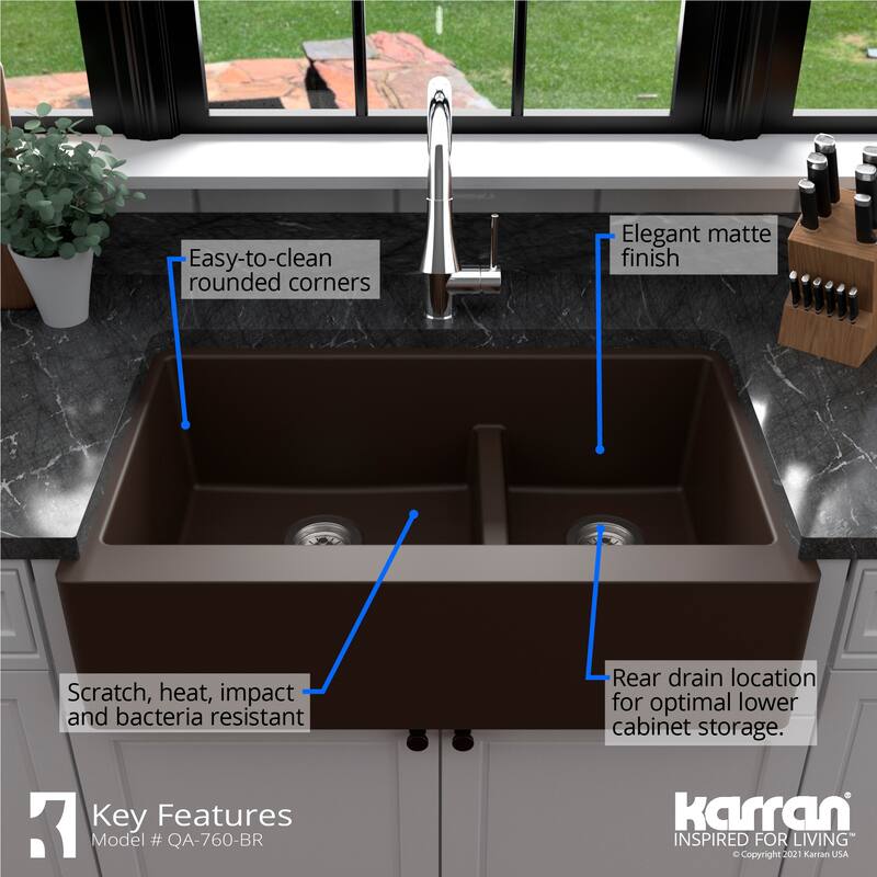Karran Farmhouse/Apron-Front Quartz Double Bowl Kitchen Sink Kit