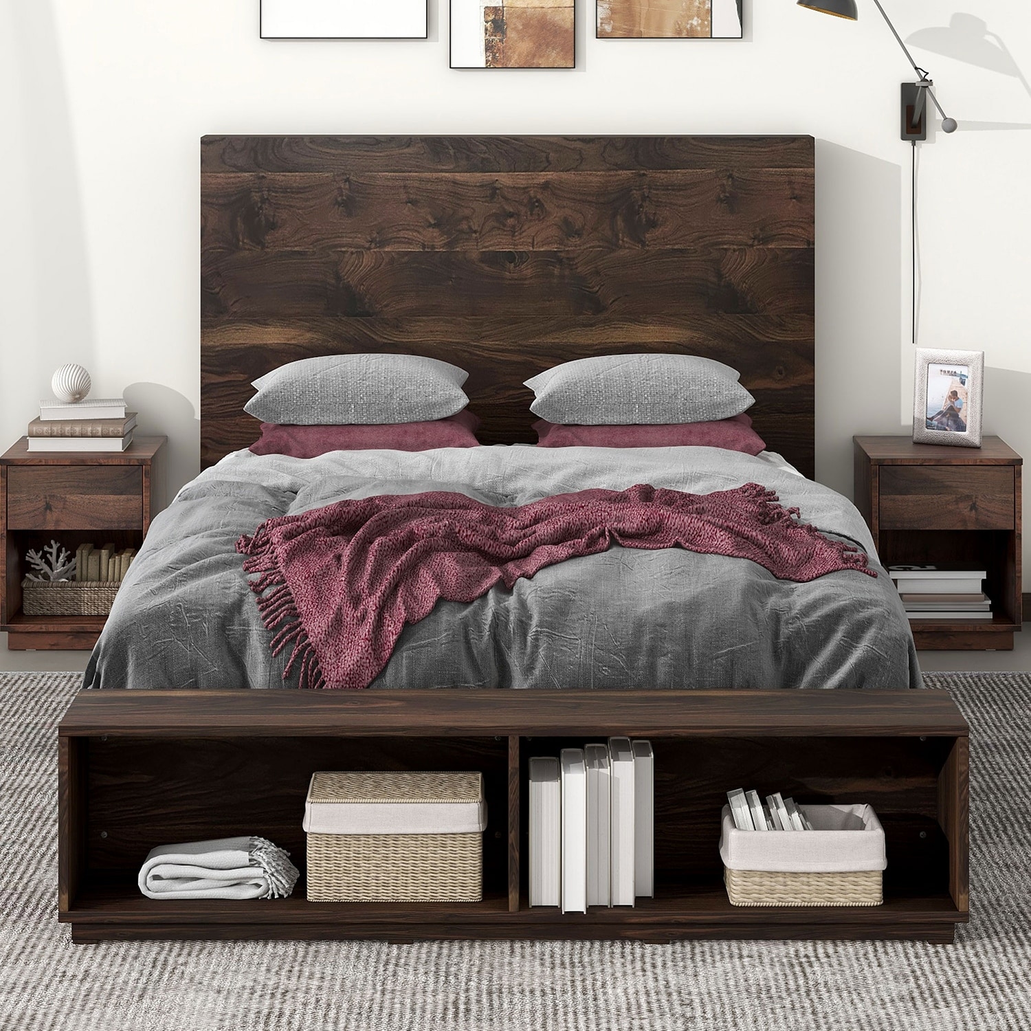 Queen Size Wood Platform Bed with Storage Bench Bed Bath