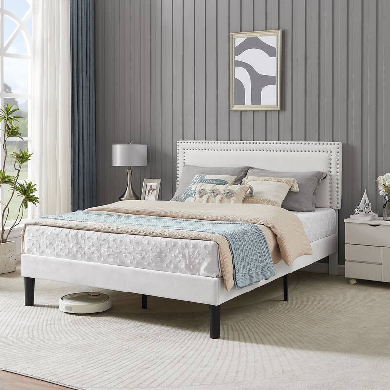 Upholstered Platform Bed Frame with Adjustable Headboard, Velvet Nailhead Trim, No Box Spring Needed - White - Full