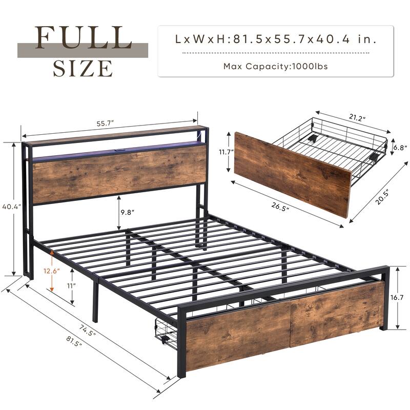 Full Size Bed Frame with Storage Headboard and 2 Drawers, LED Lights