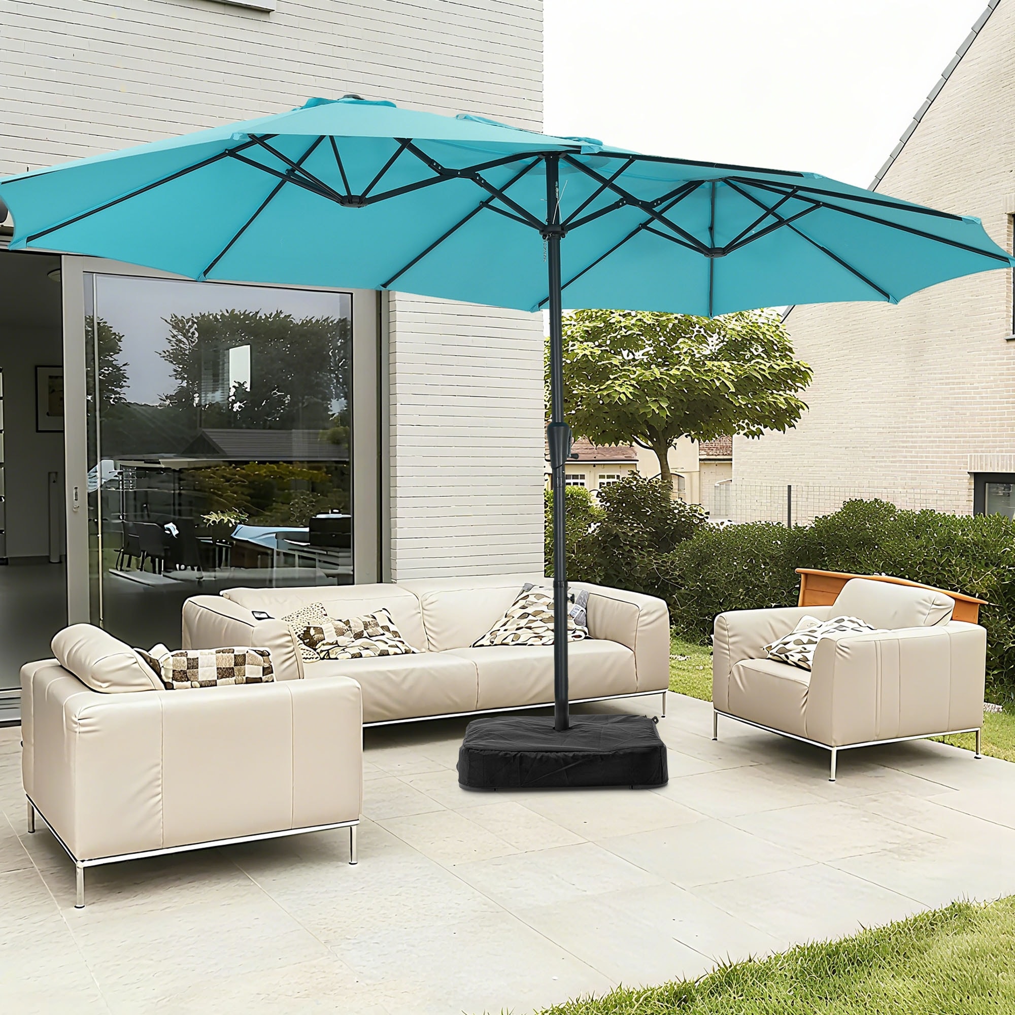 ainfox patio umbrella 7.5 ft Fringe Umbrella, Outdoor Tassels with Push Button Tilt layer design blocks harsh UV rays without trapping heat Ainfox 10-ft Steel Blue Push-button