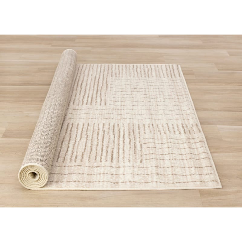 Beige Cream Geometric Stripes High-Traffic Rug