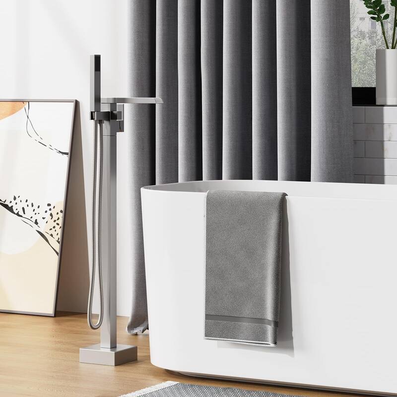 Freestanding Bathtub Faucet, Floor-Mount Tub Filler Chrome - Chrome/White - Square Waterfall
