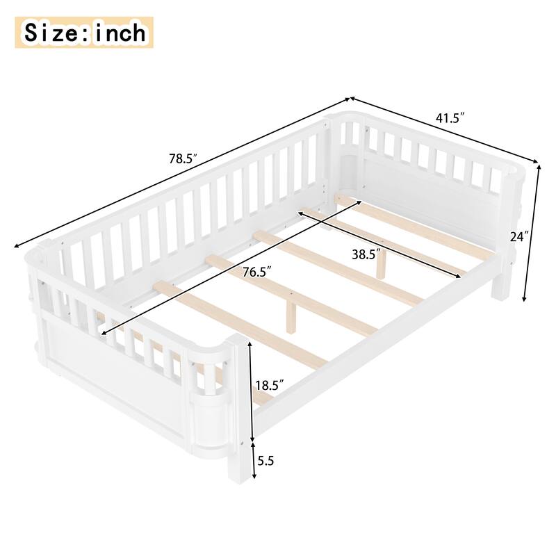 Wood Platform Bed with Guardrails & Detachable Fence, Twin/Full/Twin XL/Queen Size Kids Bed, Safety Design, No Box Spring